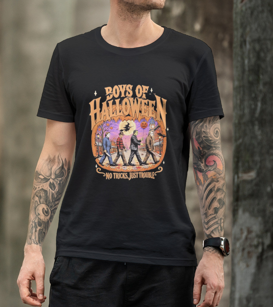 Boys Of Halloween Horror Characters Abbey Road No Tricks Just Trouble T-Shirt