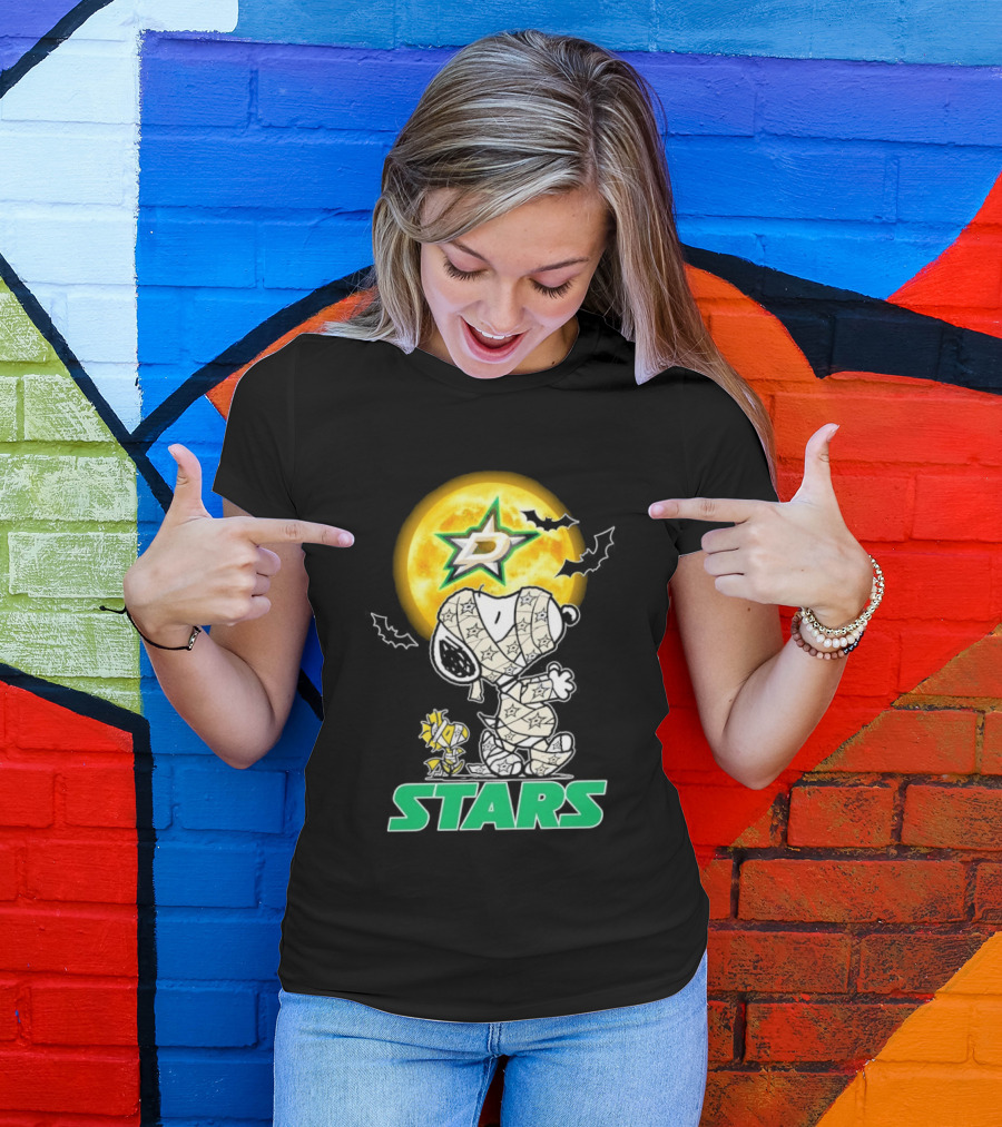 Dallas Stars Snoopy Woodstock Halloween Mummy Moon Bats T-Shirt
