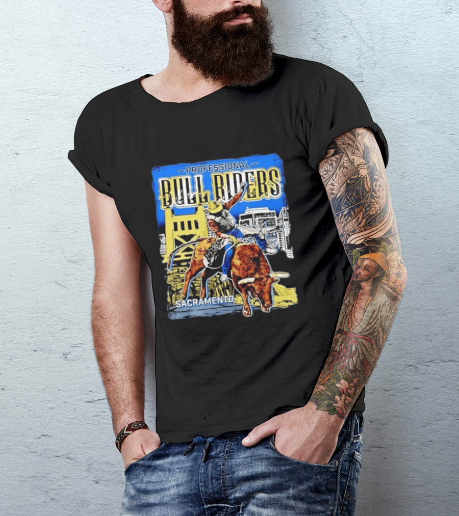 Professional Bull Riders Sacramento Cowboy Riding Bull Cityscape T-Shirt