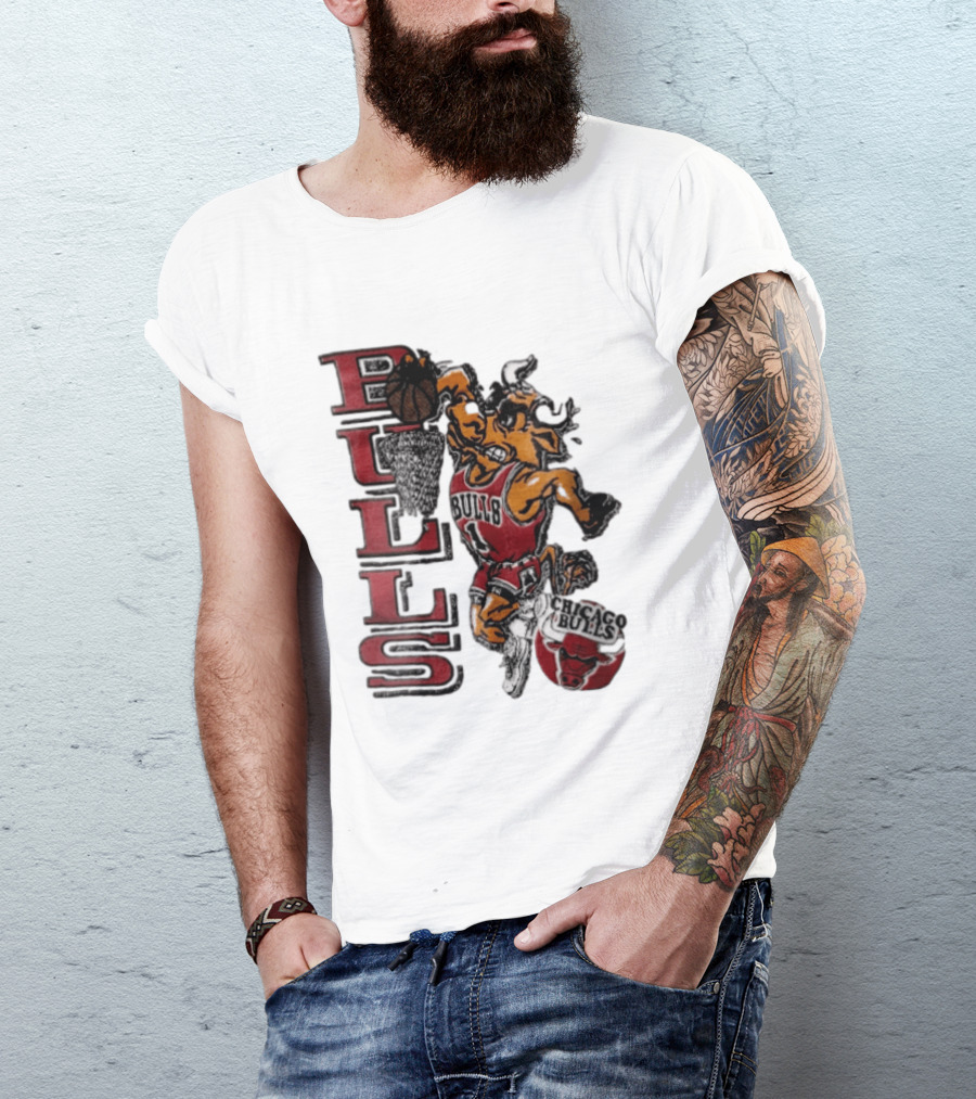 Chicago Bulls Bull Dunking Basketball Hoop NBA Cartoon Caricature T-Shirt