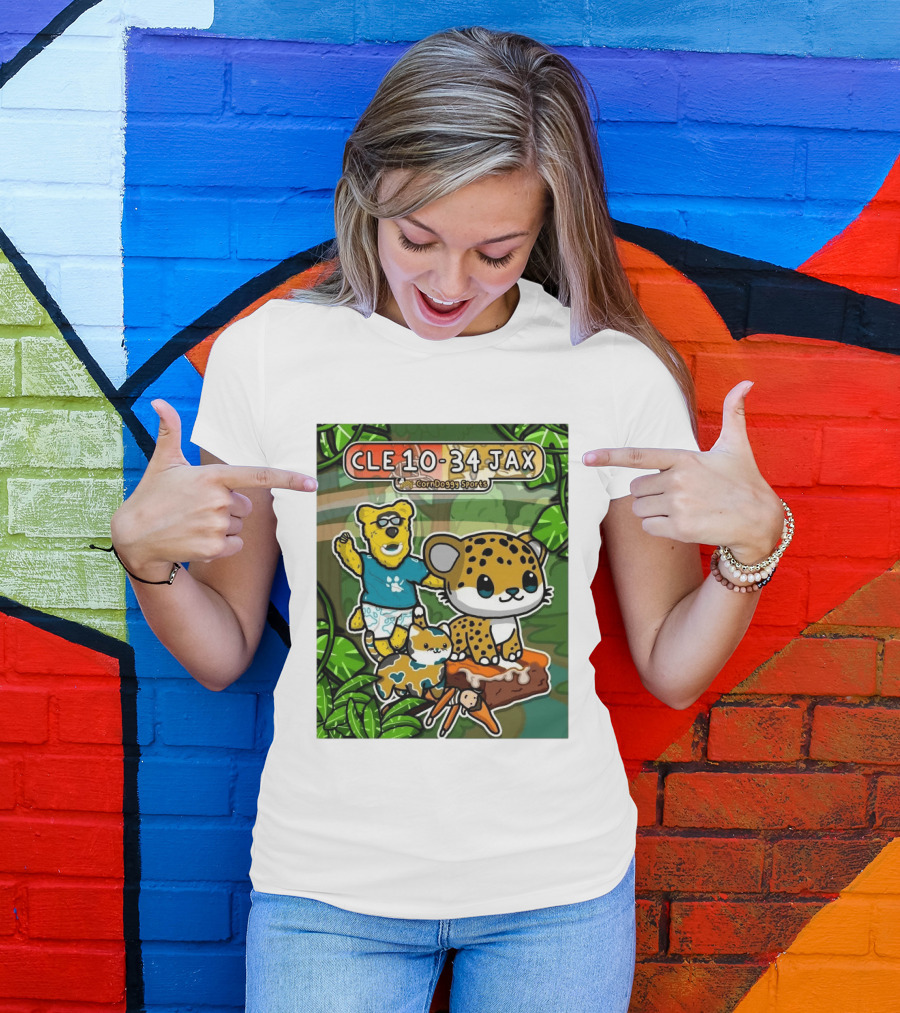 CornDoggy Sports CLE 10 34 JAX Cleveland Browns Vs Jacksonville Jaguars Cartoon Animals T-Shirt