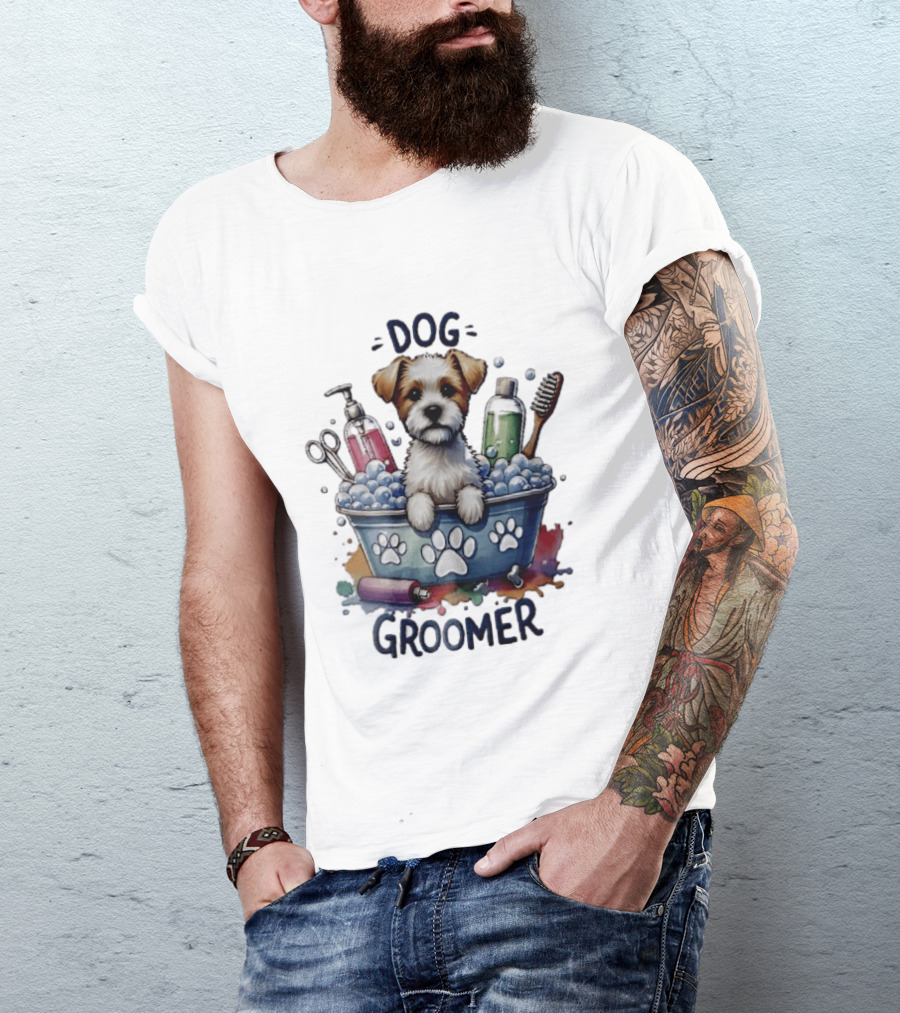 Dog Groomer Puppy Bath Tub Soap Scissors Brush Watercolor T-Shirt