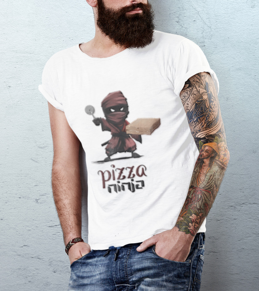 Pizza Ninja Red Masked Cartoon Figure Holding Cardboard Box T-Shirt
