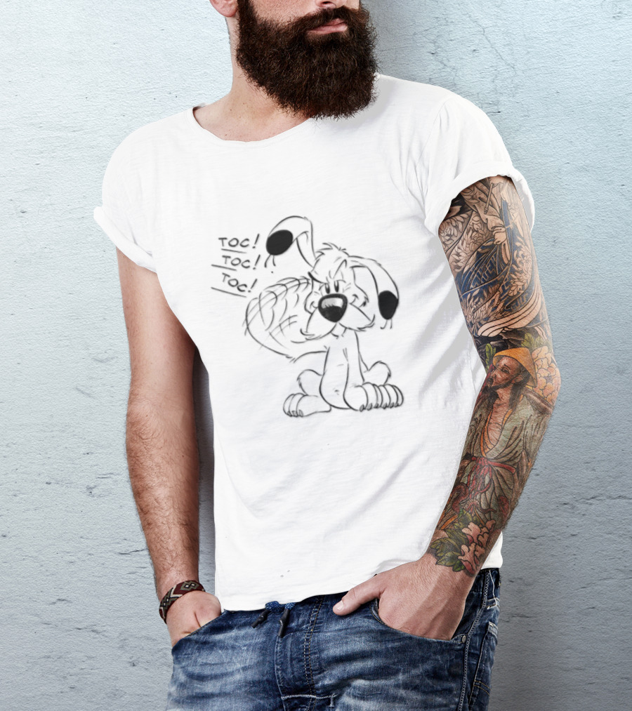 Toc Dogmatix White Dog Knocking Head Cartoon T-Shirt