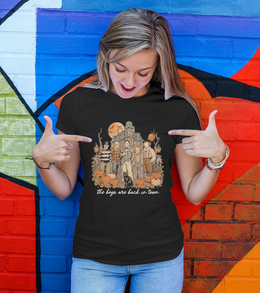 Halloween Horror Characters The Boys Are Back In Town Haunted House Pumpkin Patch T-Shirt