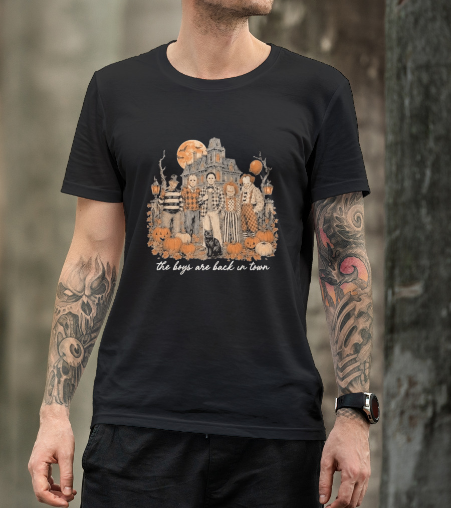 Halloween Horror Characters The Boys Are Back In Town Haunted House Pumpkin Patch T-Shirt