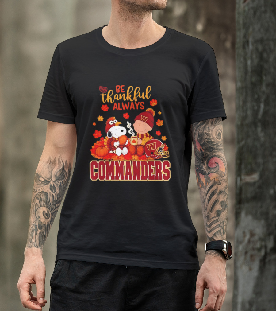 Be Thankful Always Snoopy And Charlie Brown With Commanders Autumn Leaves T-Shirt