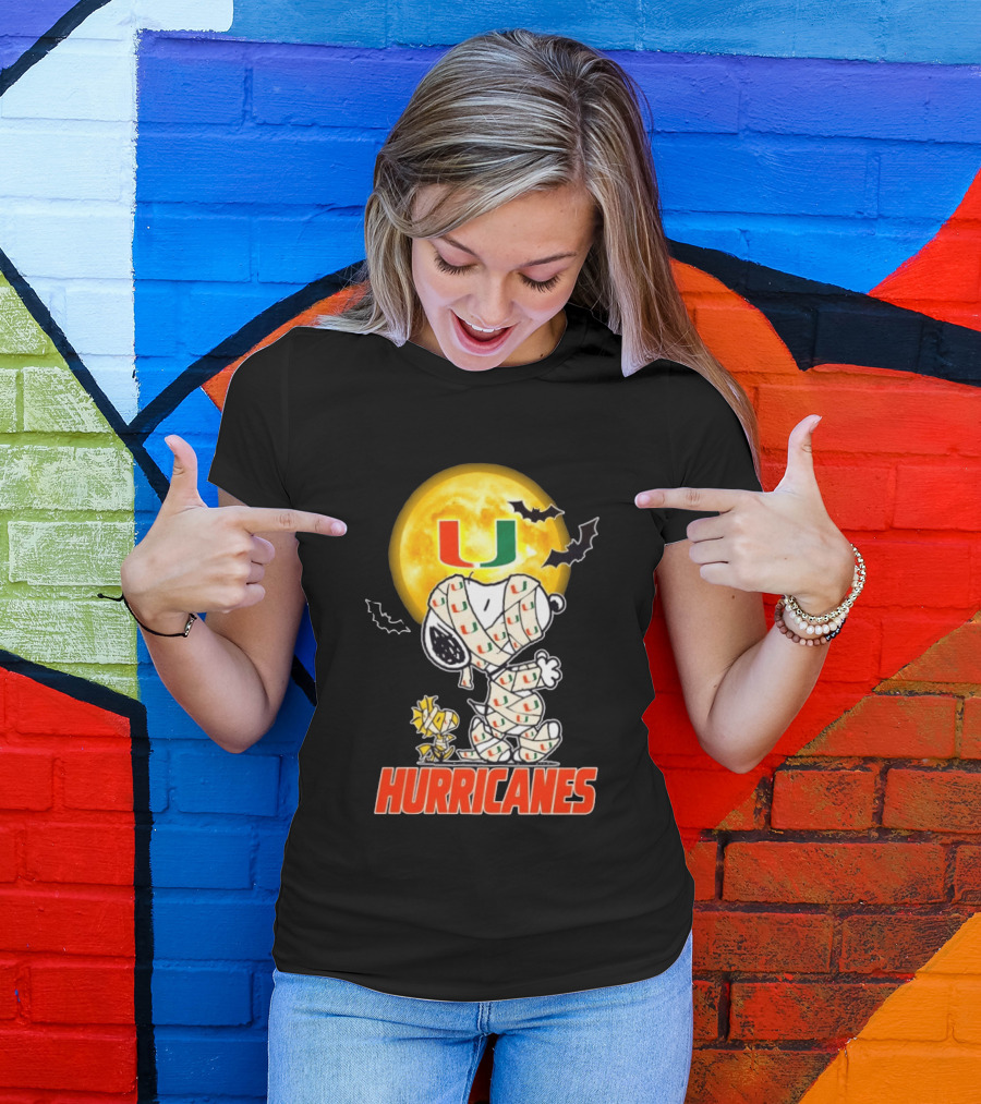 Miami Hurricanes Snoopy Woodstock Mummy Halloween Moon Bats T-Shirt
