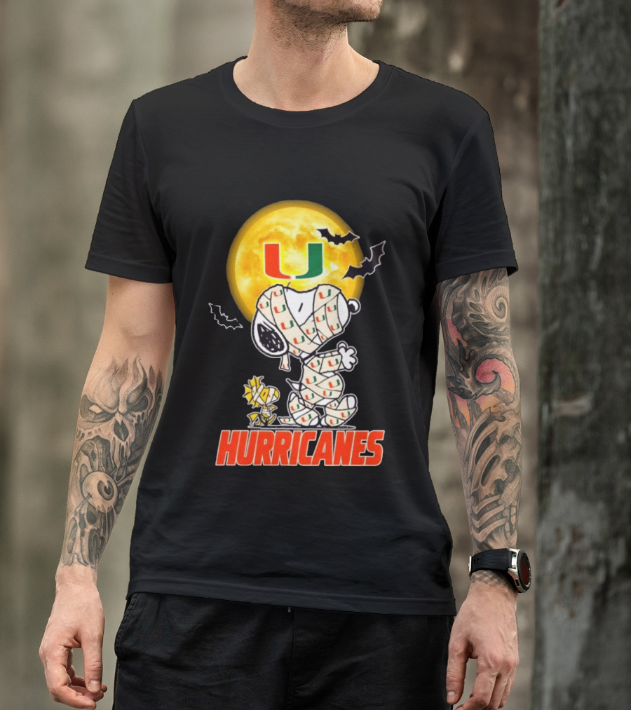Miami Hurricanes Snoopy Woodstock Mummy Halloween Moon Bats T-Shirt