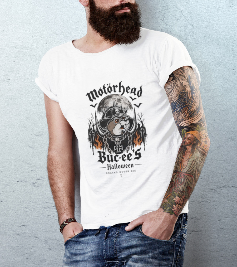Motorhead Buc Ee's Halloween Snacks Never Die Ghostly Flames Moon Bats T-Shirt