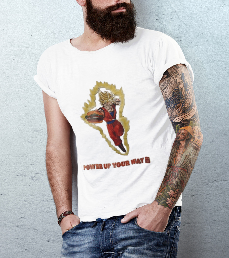 Burger King Power Up Your Way Super Saiyan Goku Holding Cheeseburger Aura T-Shirt