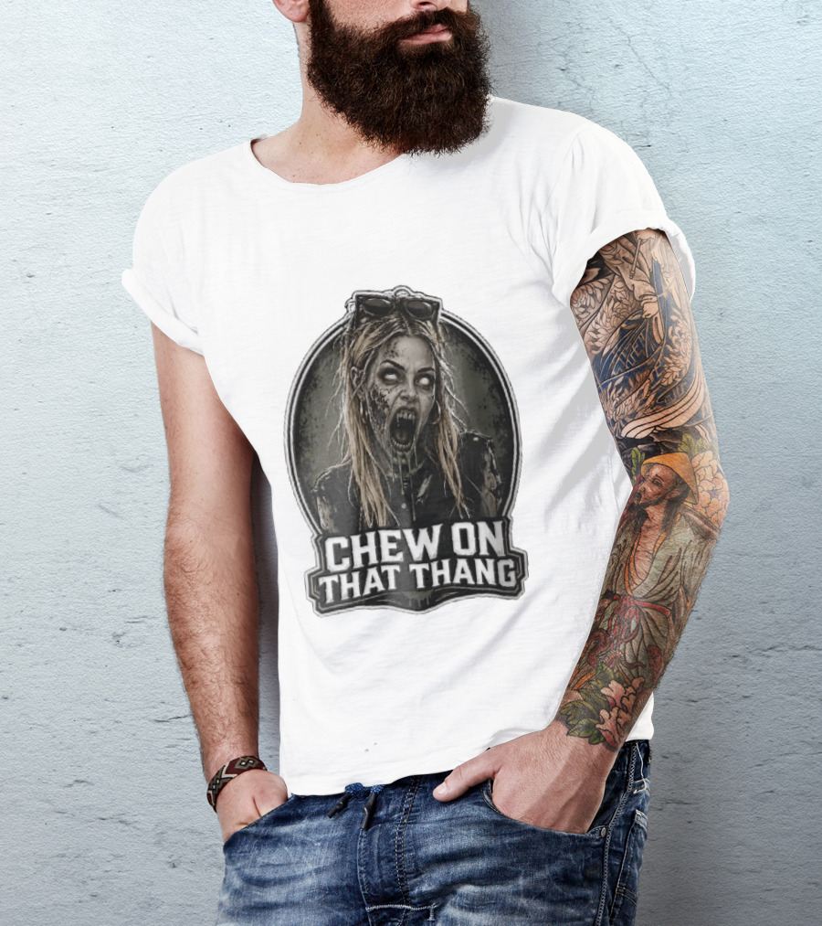 Chew On That Thang Zombie Blonde Woman Open Mouth Green Slime Sunglasses T-Shirt