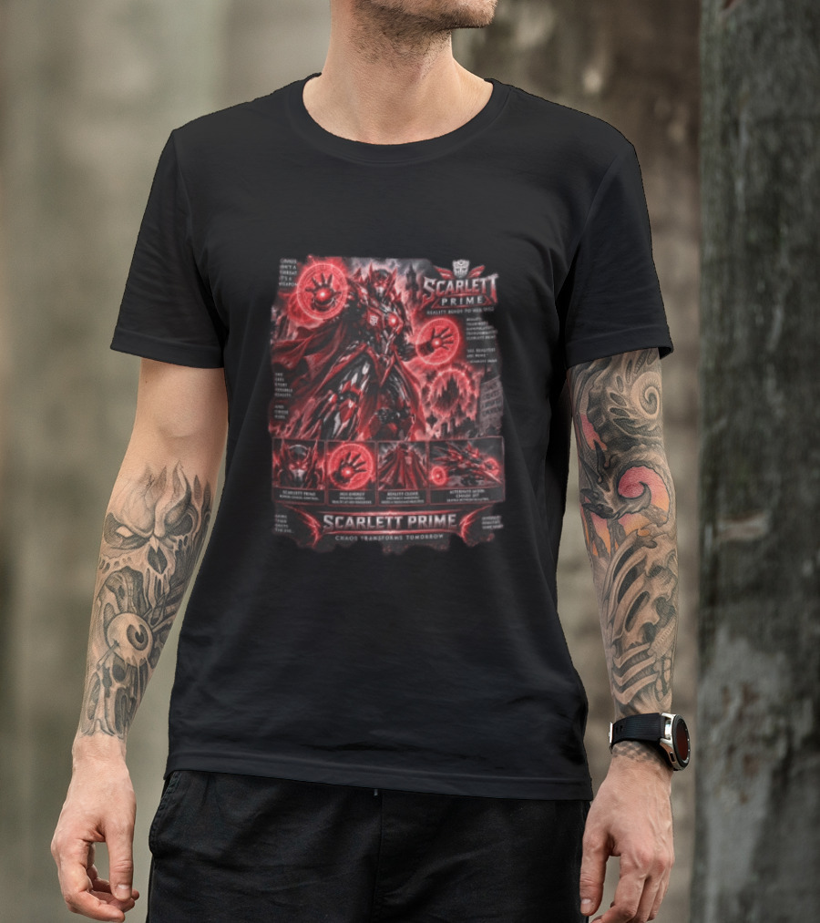 Scarlett Prime Reality Bends Red Mecha Chaos Transforms Tomorrow Jet Hex Magic T-Shirt