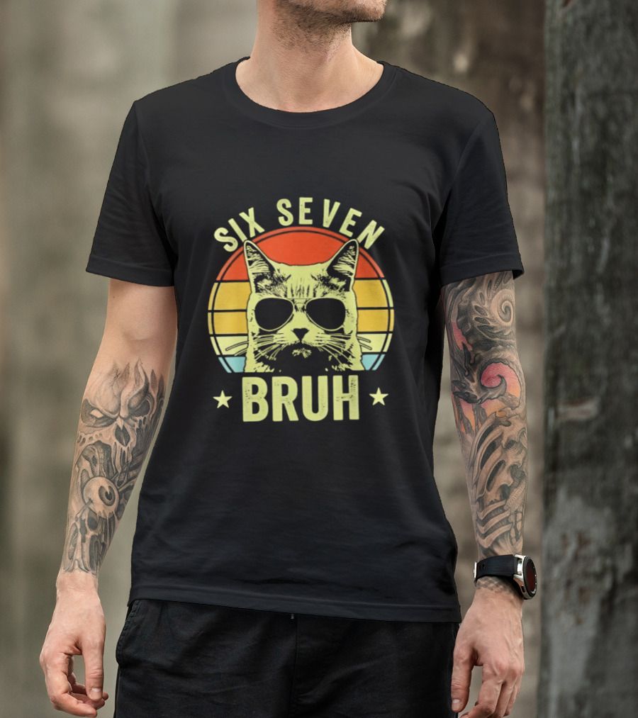 Six Seven Bruh Retro Cat Sunset T-Shirt
