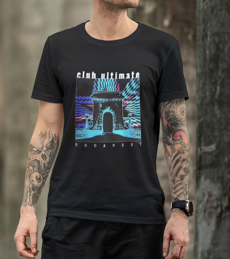 Club Ultimate Budapest Szechenyi Chain Bridge Neon Checkerboard Arch T-Shirt