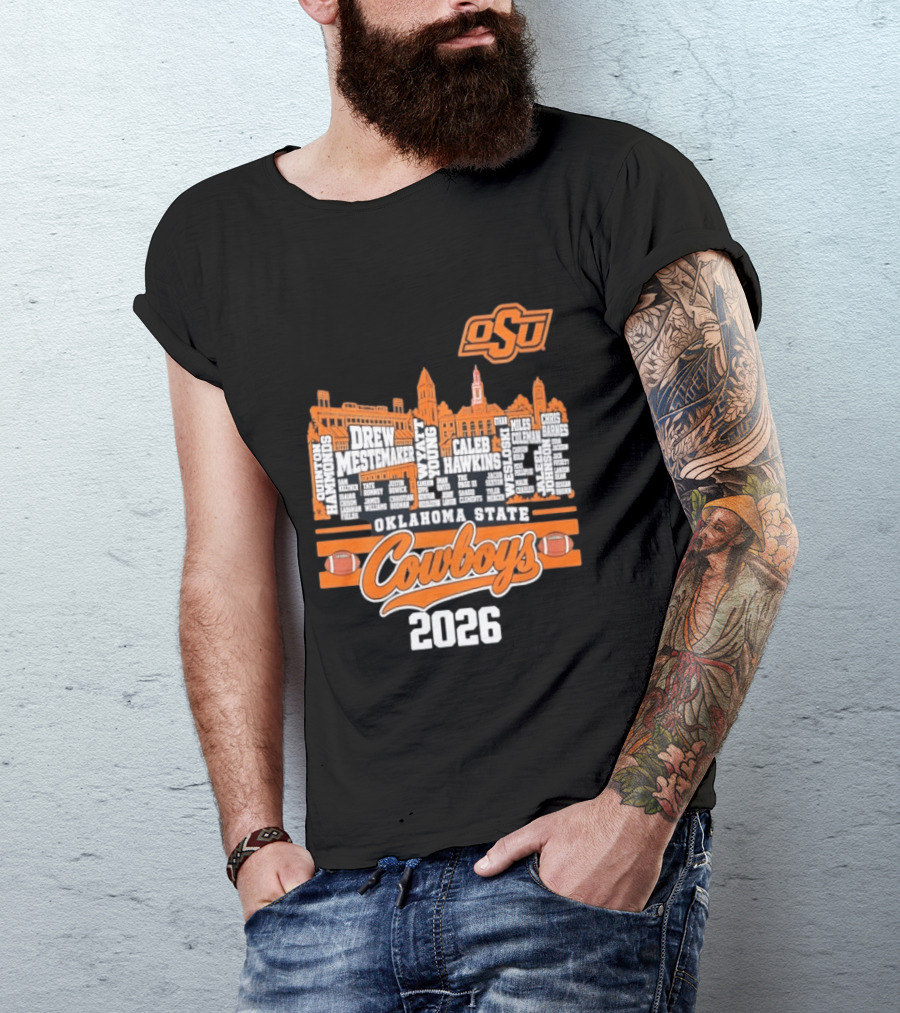 Oklahoma State Cowboys 2026 Player Names Skyline OSU Football T-Shirt