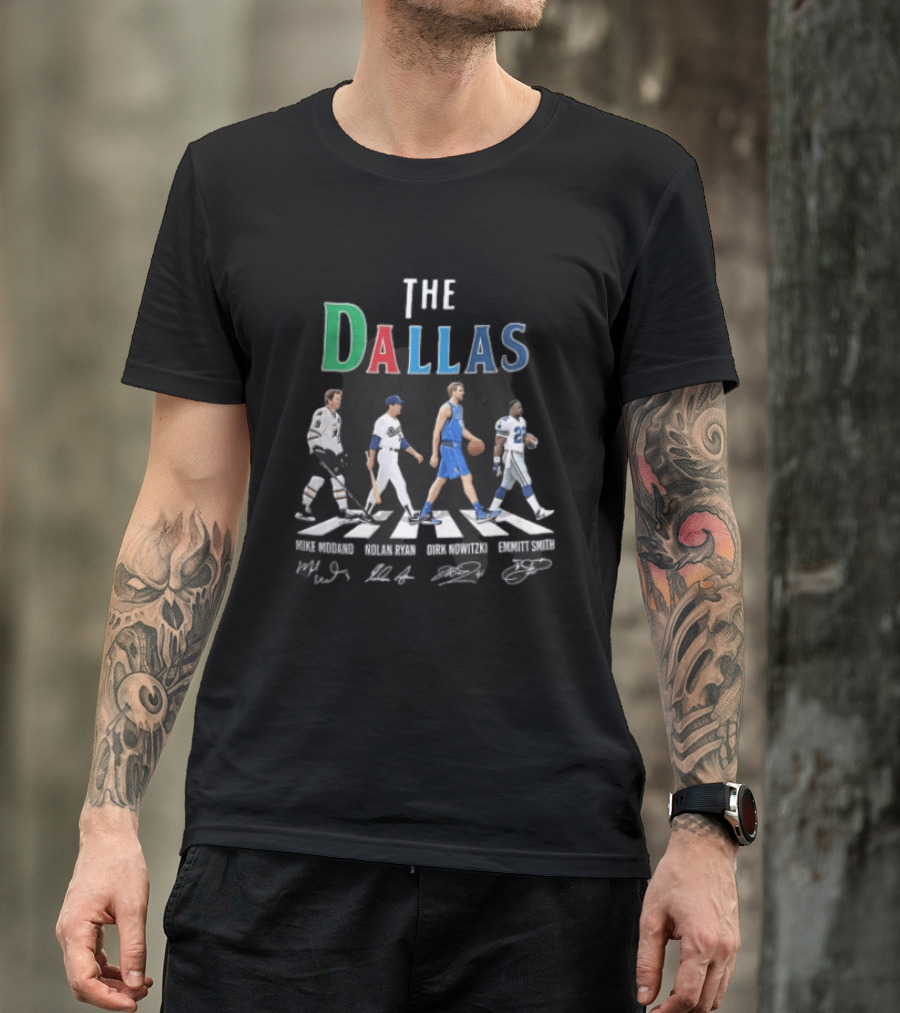 The Dallas Mike Modano Nolan Ryan Dirk Nowitzki Emmitt Smith Abbey Road Roster T-Shirt