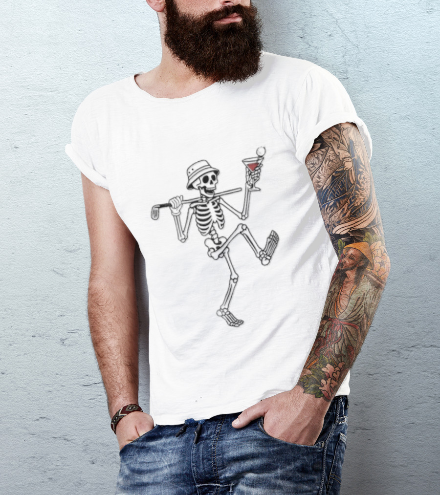 Cartoon Skeleton Line Dance With Bucket Hat Golf Club And Cocktail Glass T-Shirt