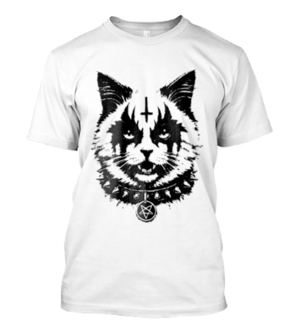 Corpsepaint Inverted Pentagram Monochromatic Cat With Collar T-Shirt