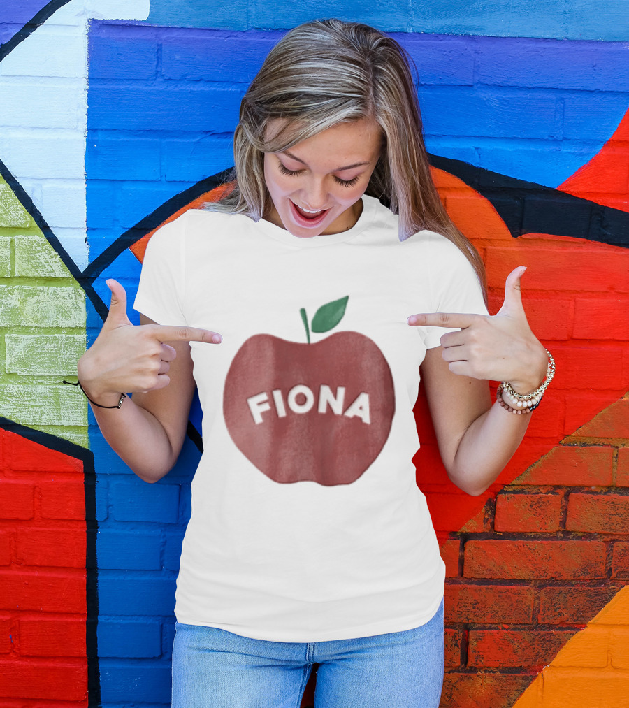 Fiona White Curved Lettering On Watercolor Red Apple With Green Leaf T-Shirt