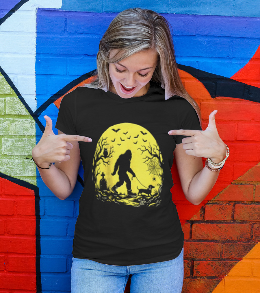 Bigfoot Walking Dachshund Under Full Moon Halloween Night T-Shirt