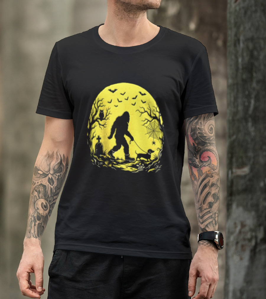 Bigfoot Walking Dachshund Under Full Moon Halloween Night T-Shirt