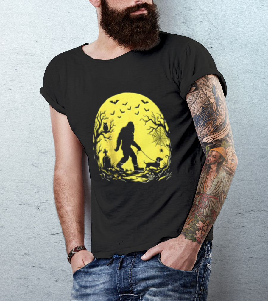 Bigfoot Walking Dachshund Under Full Moon Halloween Night T-Shirt