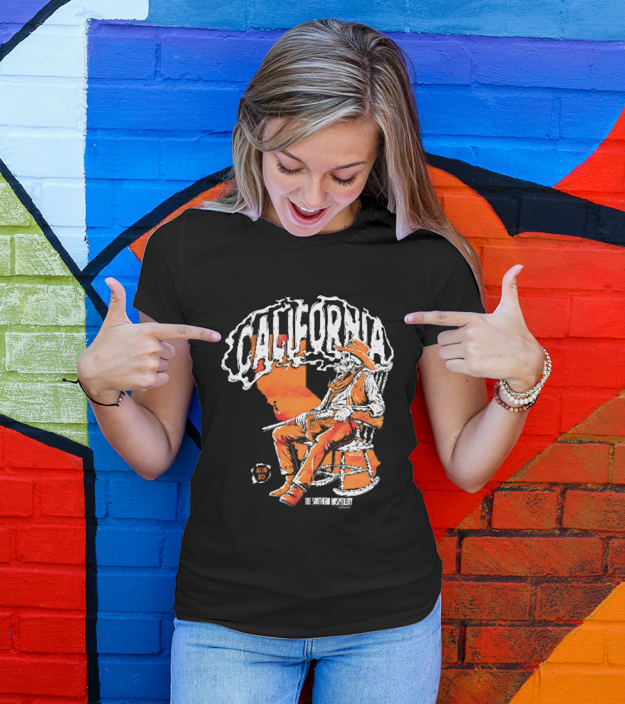 California Skeleton Cowboy Southern Hospitality Tour Aug 20 Rocking Chair Rifle Map T-Shirt