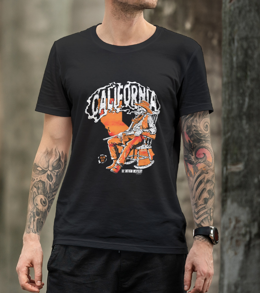 California Skeleton Cowboy Southern Hospitality Tour Aug 20 Rocking Chair Rifle Map T-Shirt