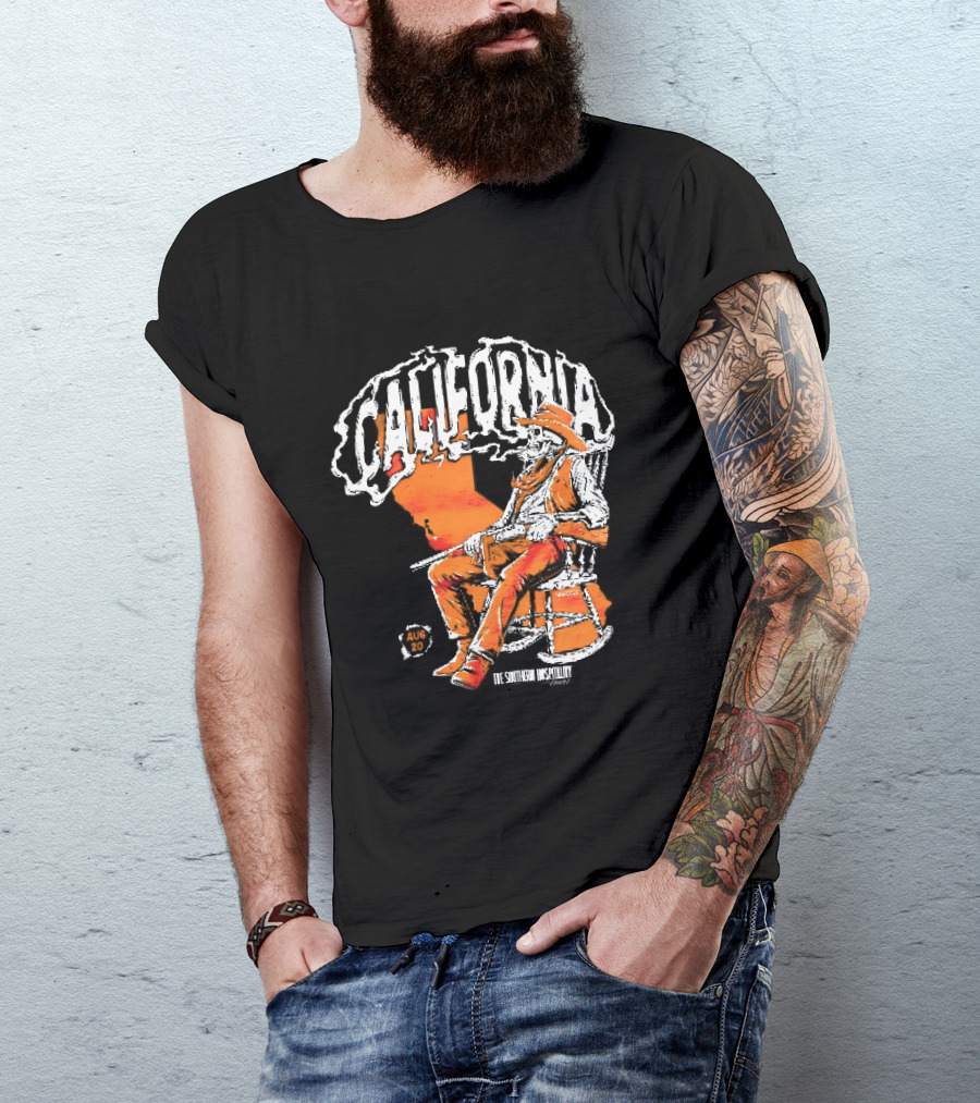 California Skeleton Cowboy Southern Hospitality Tour Aug 20 Rocking Chair Rifle Map T-Shirt