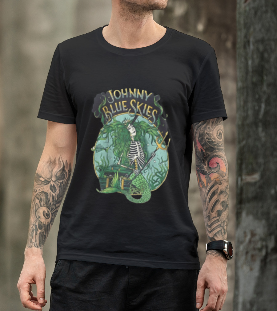 Johnny Blue Skies Skeleton Mermaid Adventure With Trident And Treasure T-Shirt