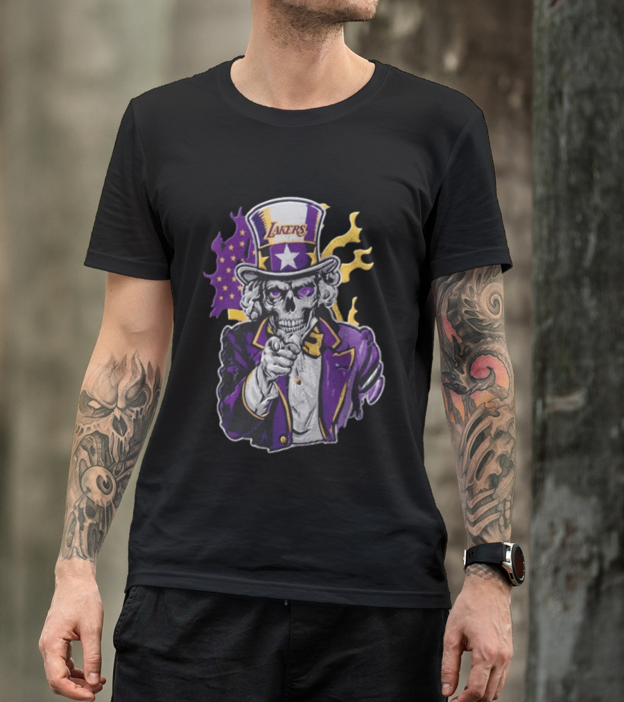 Los Angeles Lakers Skeleton Uncle Sam Purple Flames T-Shirt
