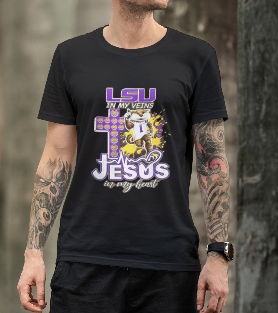 LSU In My Veins Jesus In My Heart Tiger Purple Cross EKG T-Shirt
