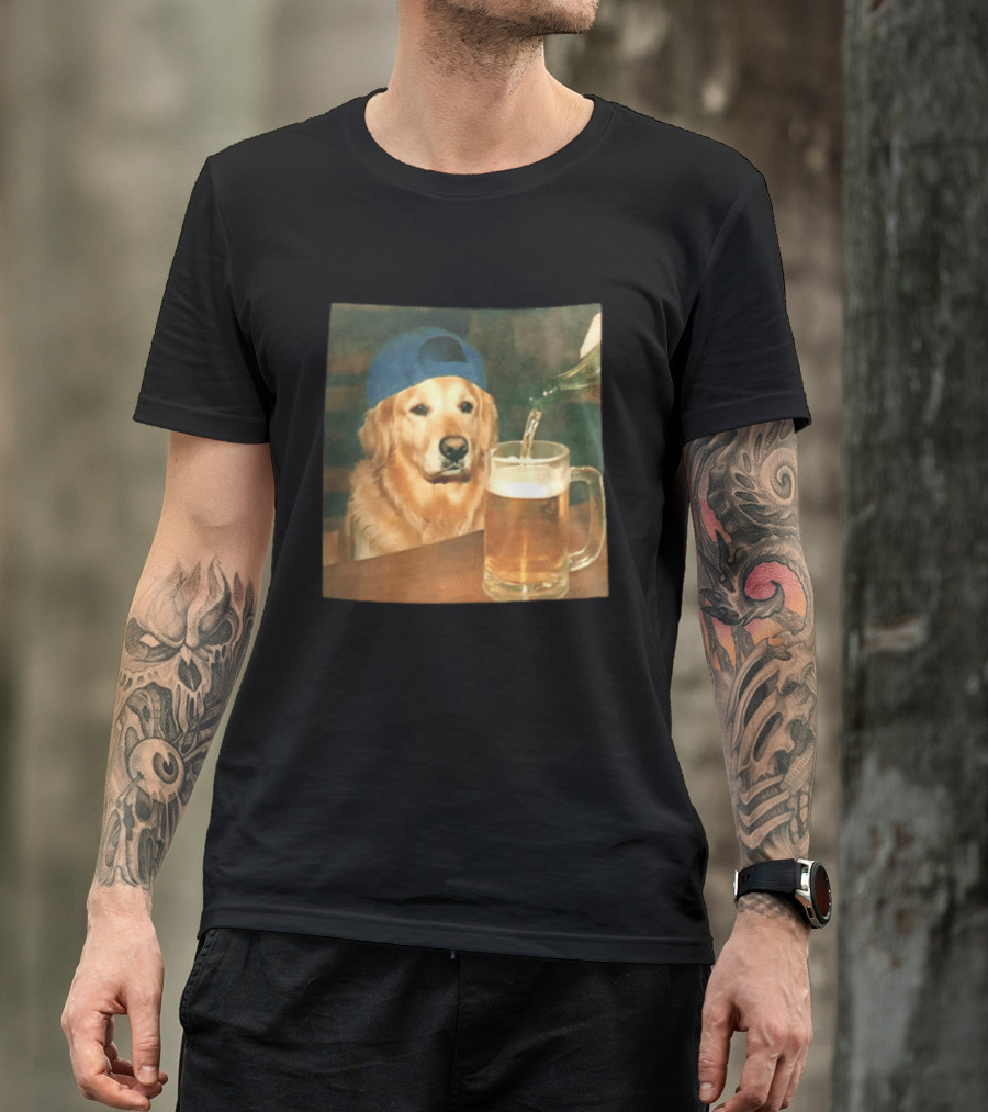 Golden Retriever Backward Cap Beer Pouring Scene T-Shirt