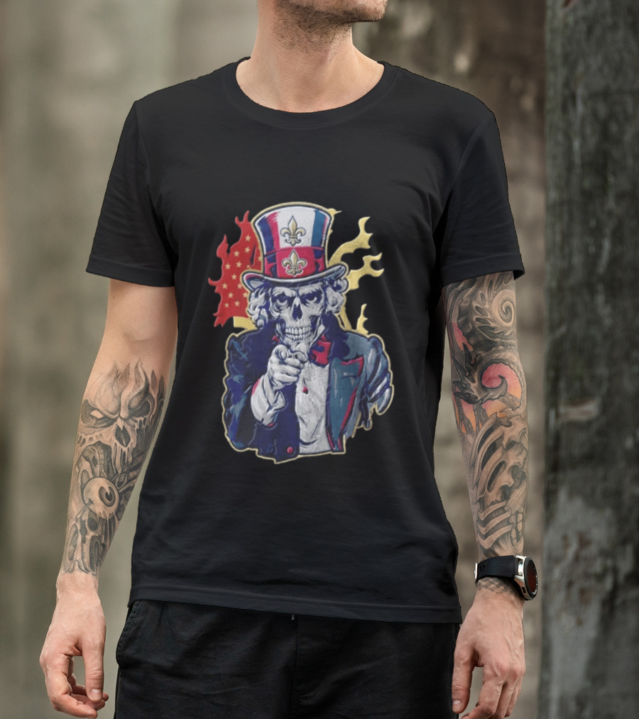 New Orleans Pelicans Skeleton Uncle Sam Pointing American Flag Fleur De Lis T-Shirt