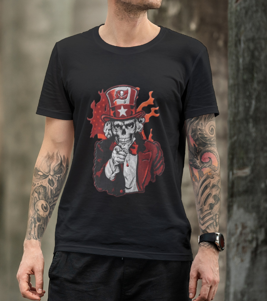 Tampa Bay Buccaneers Uncle Sam Skull American Flag Flames T-Shirt