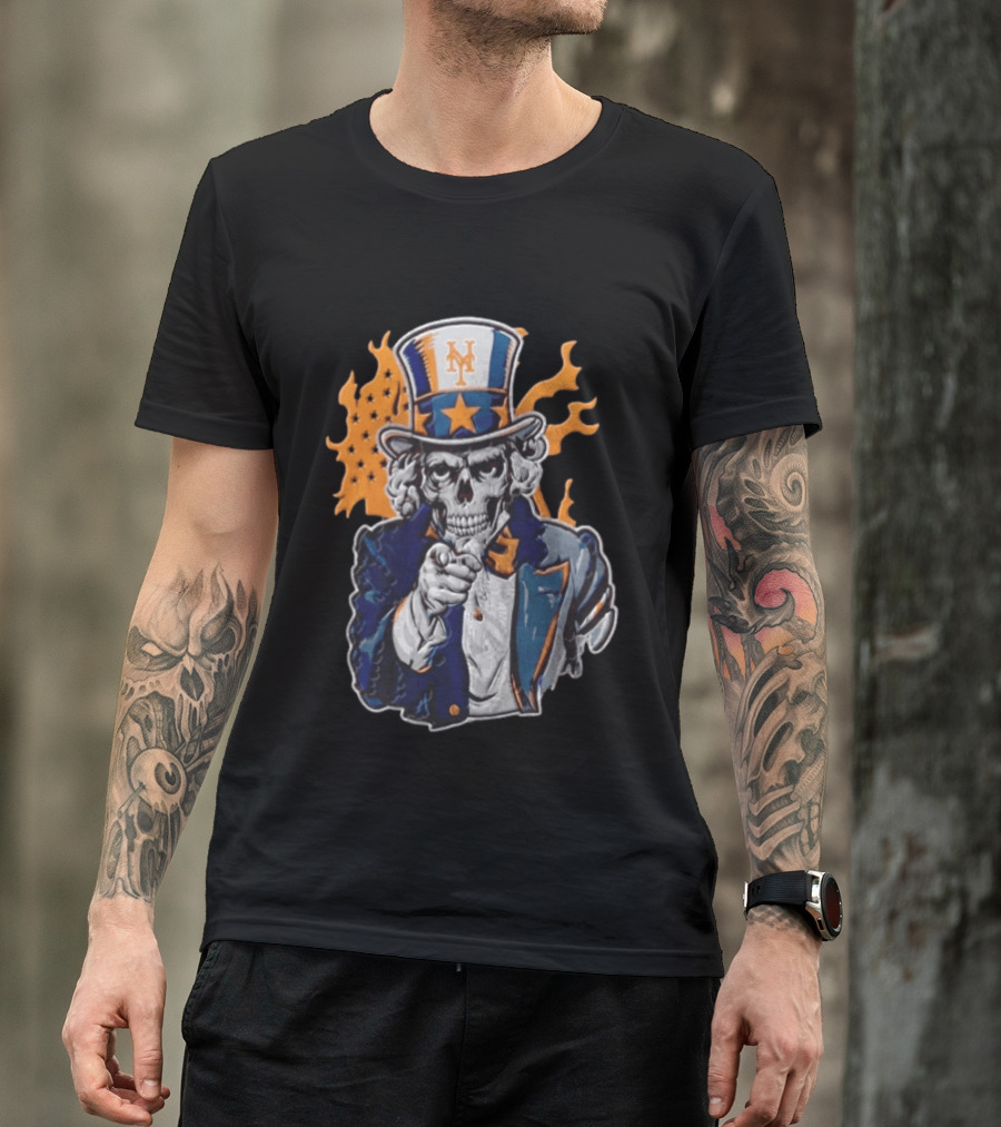 New York Mets Uncle Sam Skeleton Top Hat Stars Flames T-Shirt