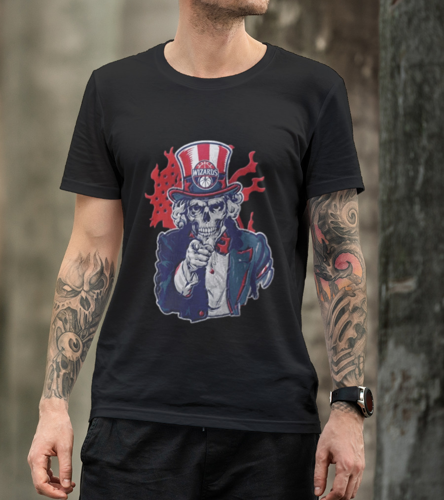 Washington Wizards Skeleton Uncle Sam Pointing Flames American Flag T-Shirt