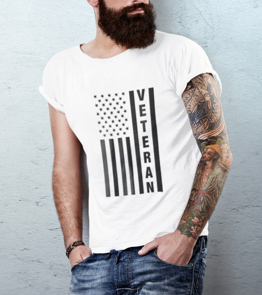 Veteran Vertical Monochrome US Flag Black Stars Stripes T-Shirt