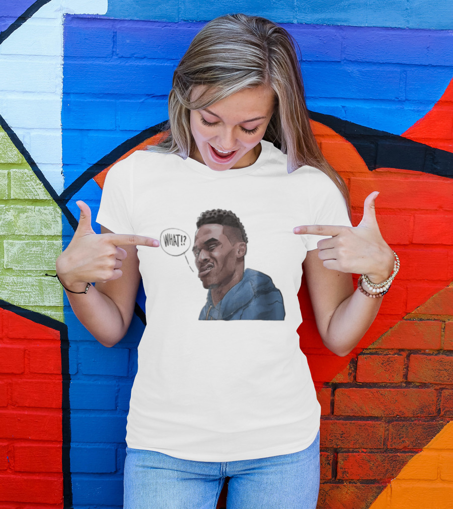 Russell Westbrook Cartoon Caricature Confused Face What Speech Bubble Blue T-Shirt