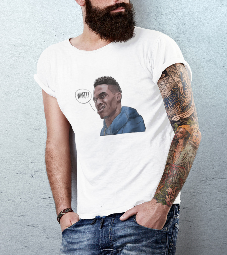 Russell Westbrook Cartoon Caricature Confused Face What Speech Bubble Blue T-Shirt