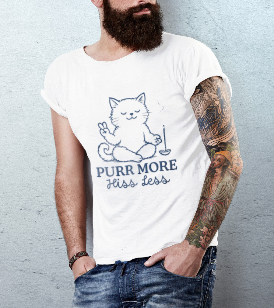 Purr More Hiss Less Cat Meditating Peaceful Incense Line T-Shirt