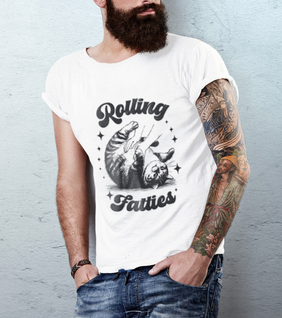 Rolling Fatties Chubby Tabby Cat Belly Rub Stars Line T-Shirt