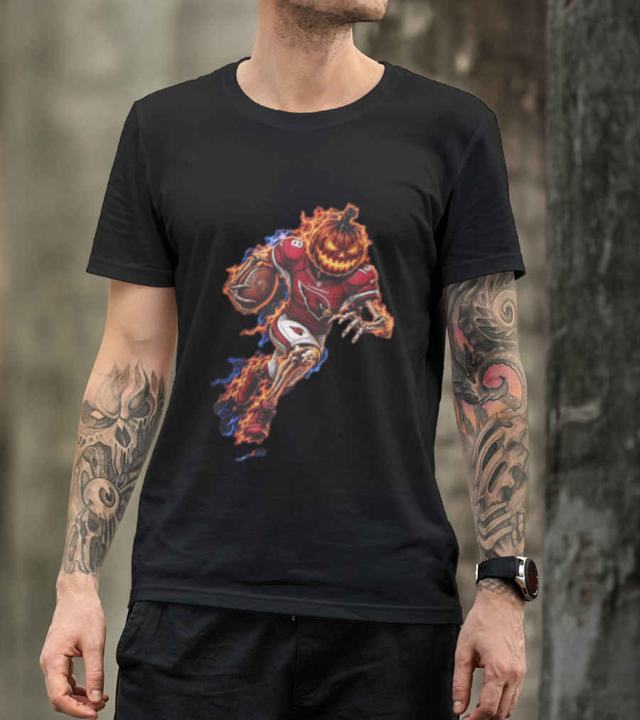 Arizona Cardinals Flaming Pumpkin Head Skeleton Football Player Halloween T-Shirt