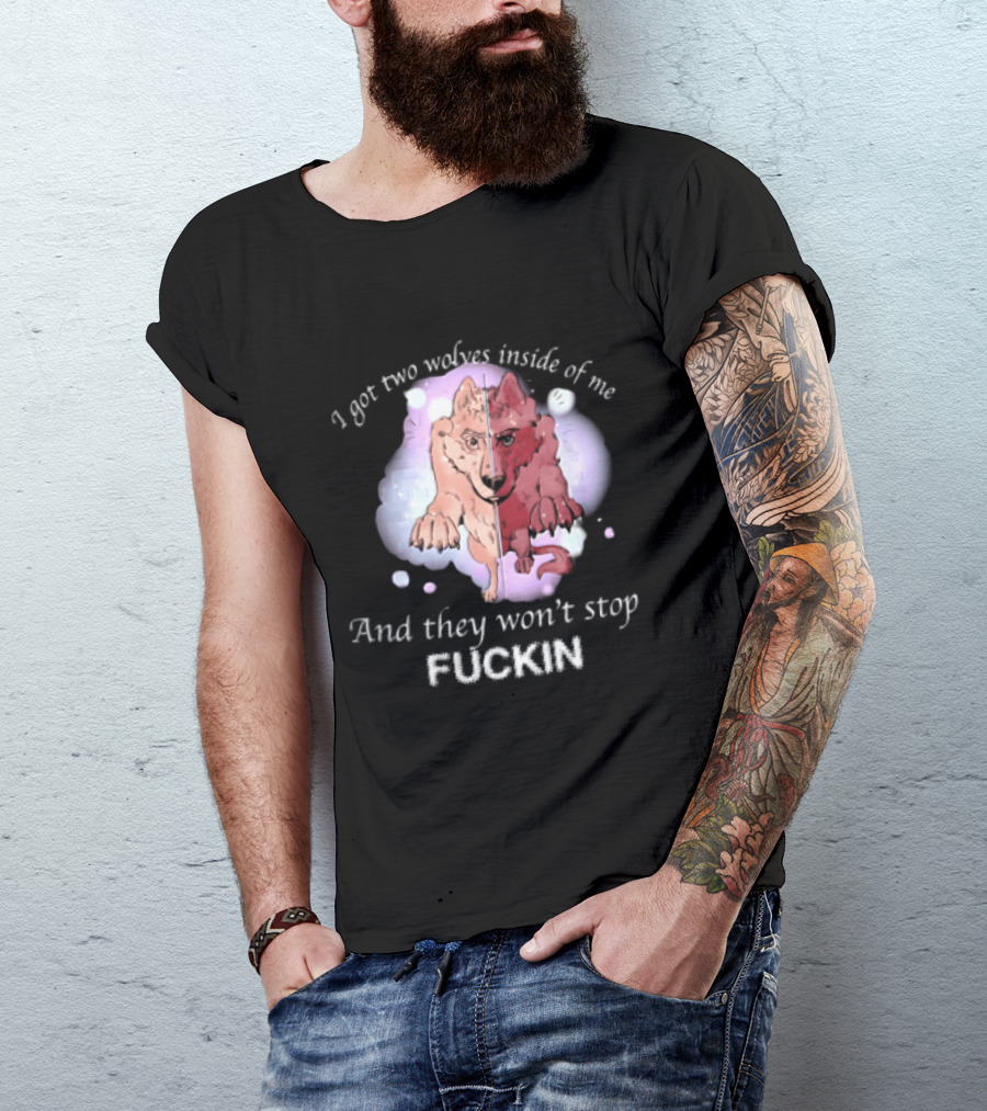 I Got Two Wolves Inside Of Me And They Wont Stop Fuckin Cartoon Split Wolf Pastel Cloud Funny Humor T-Shirt
