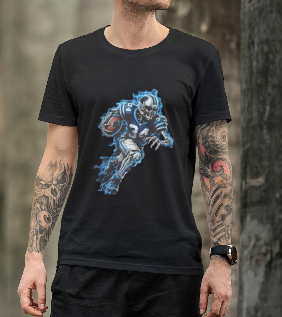 Carolina Panthers Skeleton Running Back 34 Blue Flames Football T-Shirt
