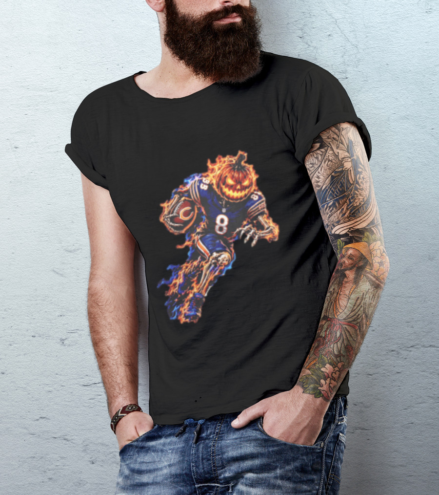 Chicago Bears Flaming Pumpkin Skeleton Football Running Halloween Scary Sports Fan T-Shirt