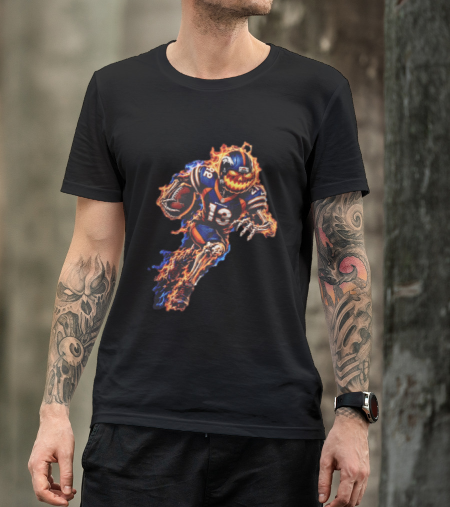 Denver Broncos Fiery Pumpkin Head Skeleton Football Player T-Shirt
