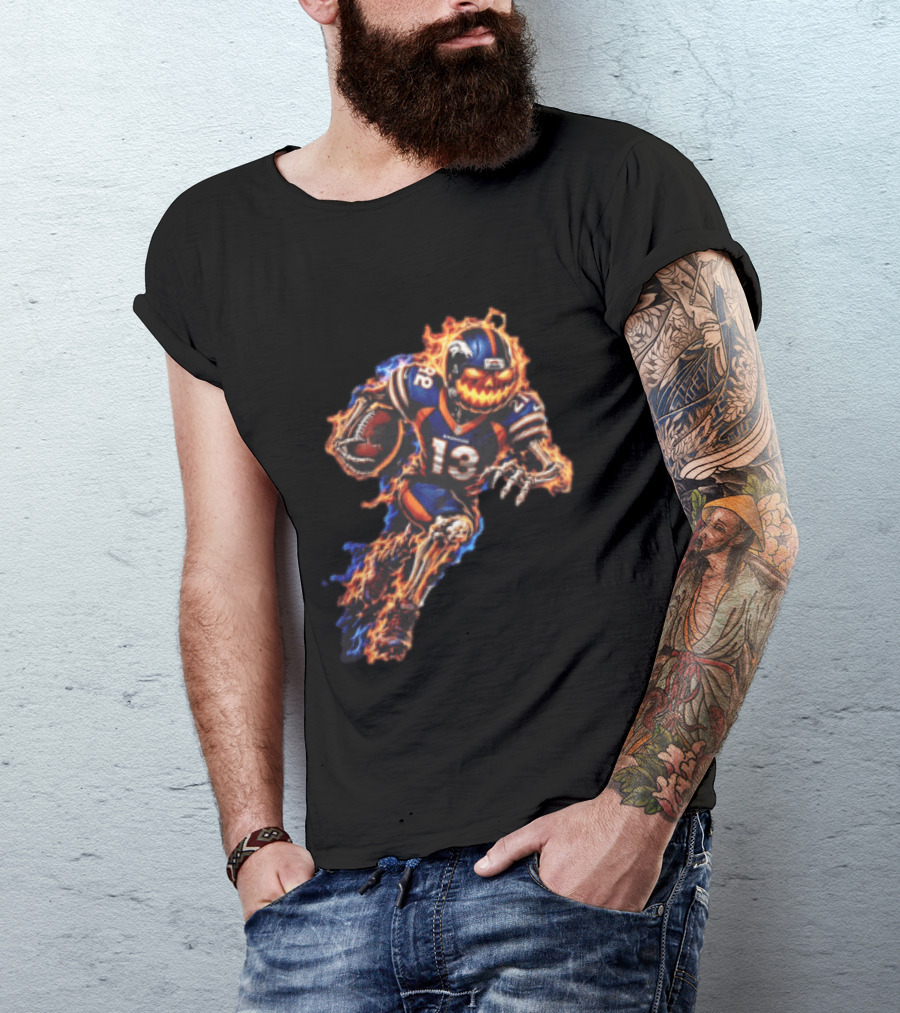 Denver Broncos Fiery Pumpkin Head Skeleton Football Player T-Shirt