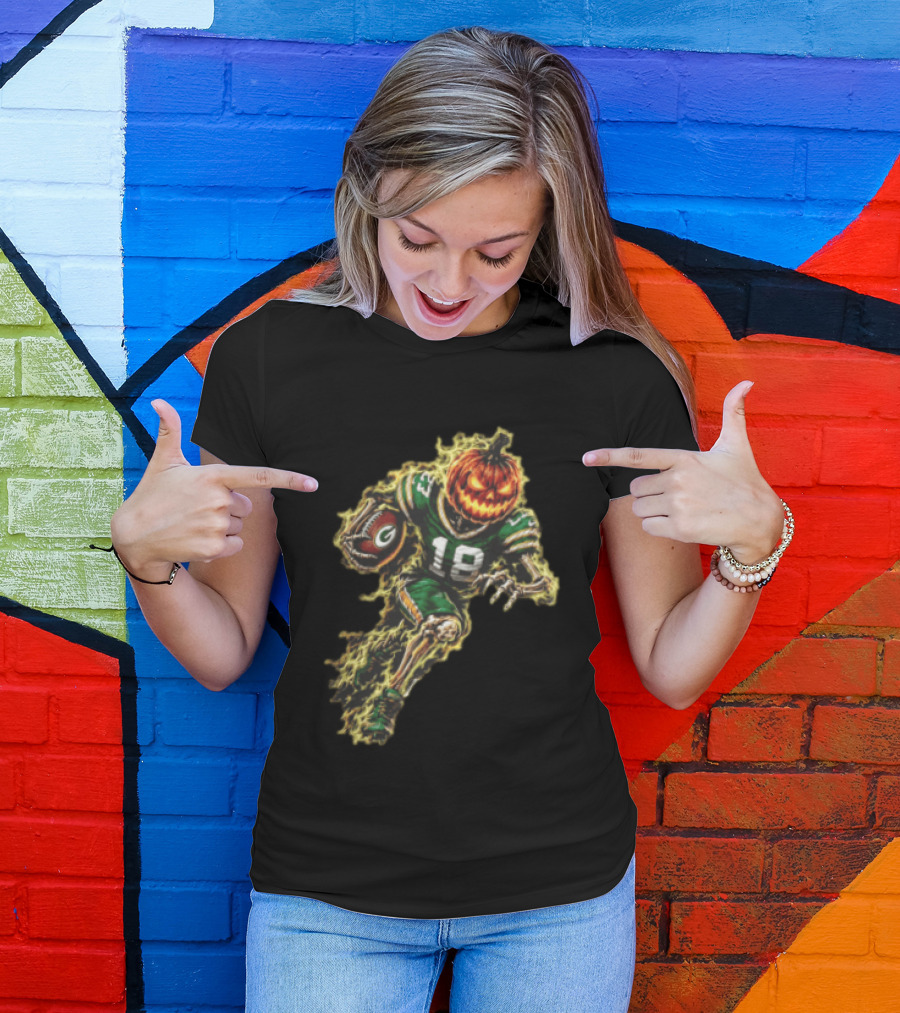 Green Bay Packers Halloween Pumpkin Head Skeleton Football Player Running T-Shirt